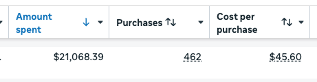 Ads manager screenshot showing amount spent and cost per purchase for a content-led AI ad