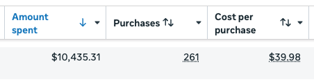 Ads manager screenshot showing amount spent and cost per purchase for a content-led AI ad